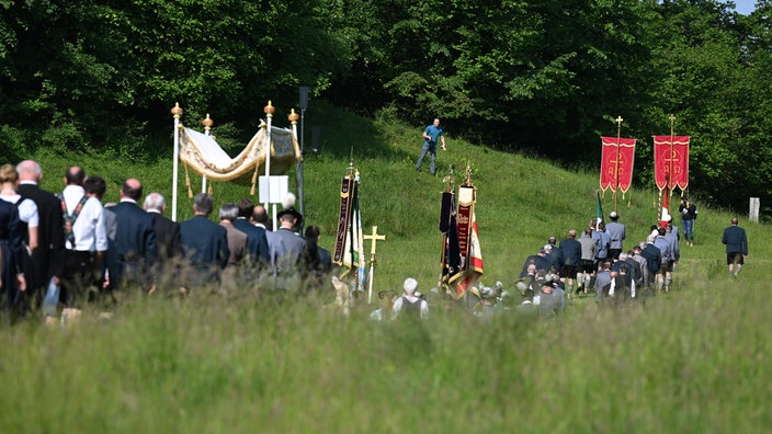 Die Fronleichnamsprozession geht auf der Insel Wörth durch das hohe Gras