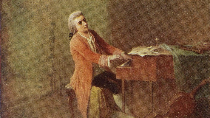 Mozart auf einem Farbdruck um 1910, nach einem Gemälde von Rudolf Hausleithner.