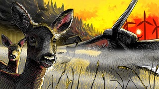 Illustration ARD Radio Tatort; "Bomber": Zwei Rehe im Wald vor einem zesrtörten Windrad.