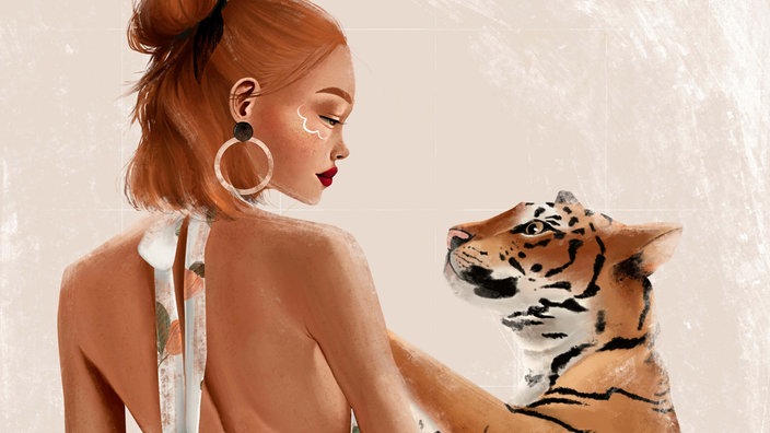 Illustration: Eine Frau und ein Tiger schauen sich in die Augen.