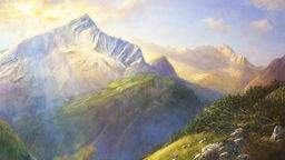 Gemälde von Alpspitze und Zugspitze in diesig-zartem Sonnenlicht.