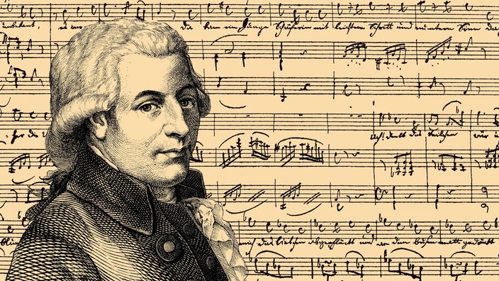 Porträt des Komponisten Wolfgang Amadeus Mozart vor von ihm geschriebenen Noten.