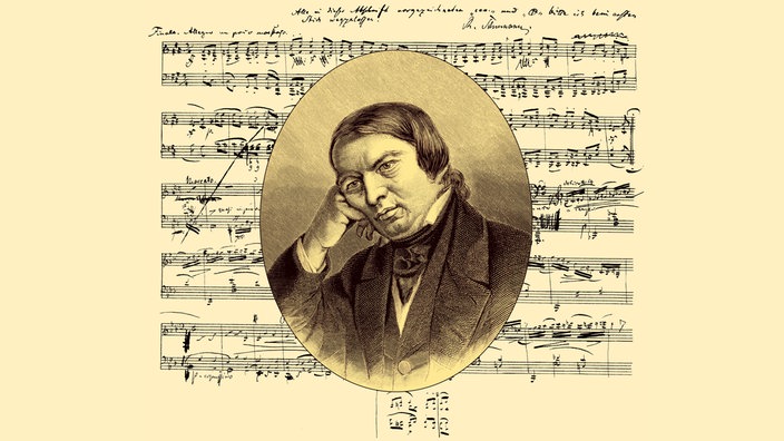 Historische Noten-Handschrift und Portrait von Robert Schumann, 1810 - 1856