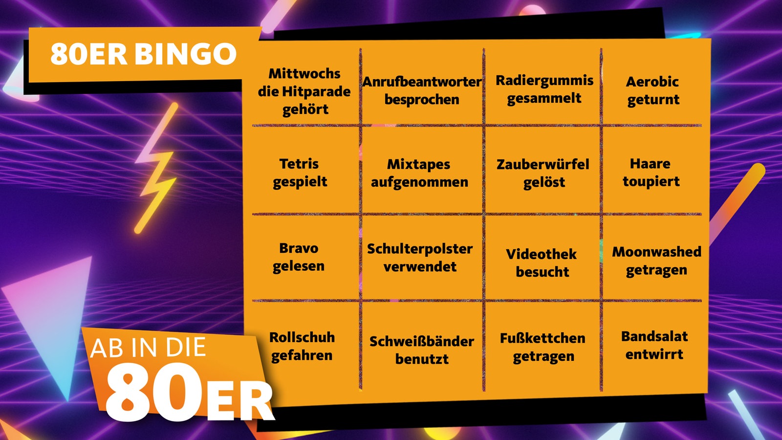 Im 80er Design ein 4mal4-Bingo Feld mit Begriffen von typischen 80er-Tätigkeiten