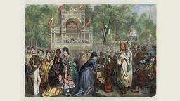 Johann Strauß II gibt ein Konzert auf der Weltausstellung in Wien (kolorierter Holzstich, 1873)