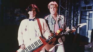 Das Popduo Modern Talking, bestehend aus Dieter Bohlen und Thomas Anders, 1985