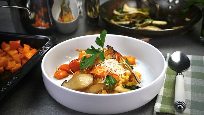 Kürbisrisotto mit gebratenen Kräuterseitlingen