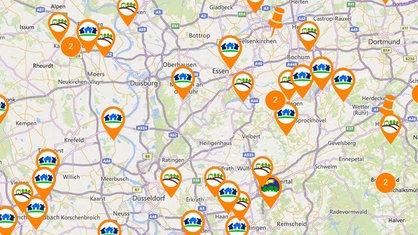 NRW-Karte mit Markierungen von reginalen Beiträgen