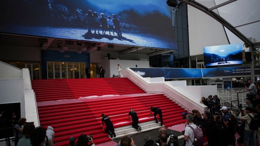 Die Presse schaut zu, wie auf den Stufen des Palais in Cannes der rote Teppich ausgerollt wird
