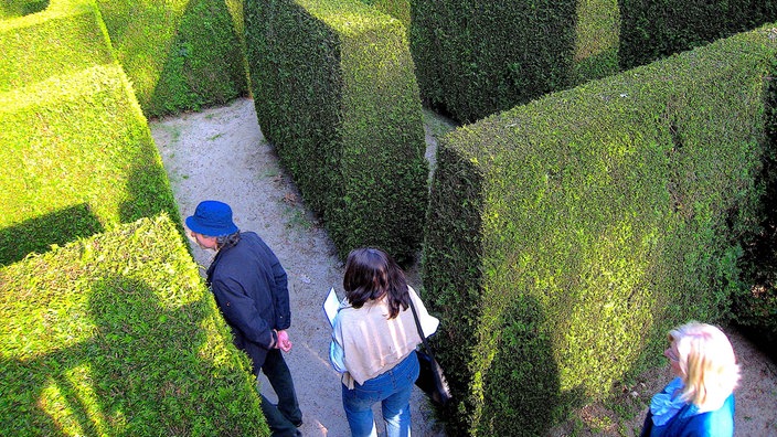 Besucher im Irrgarten in der Wasserburg Anholt in Isselburg. 