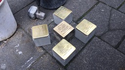 Fünf Stolpersteine stehen auf dem Bürgersteig