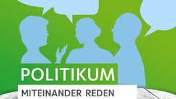 Grafisches Bild: Silhouette von drei Menschen, die miteinander reden. Sprechblasen darüber. Unten der Text 'Politikum. Miteinander reden'