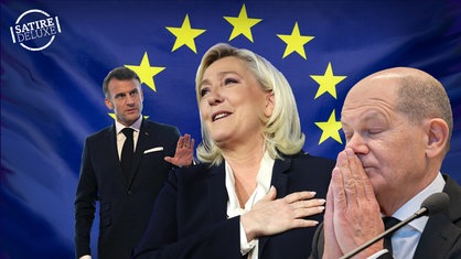 Montage von Emmanuel Macron, Marine le Pen und Olaf Scholz vor einer EU-Flagge