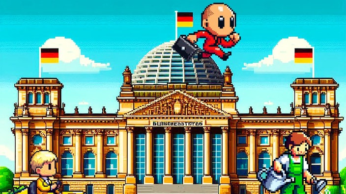 Satirische Montage: Der Deutsche Bundestag als Pixelart-Bild. Im Vordergrund sieht man zwei Hände, die einen Nintendo-Controller halten.