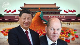 Ein LKW kippt tonnenweise Gummibärchen in Peking aus, davor lachen Olaf Scholz und Xi Jinping.