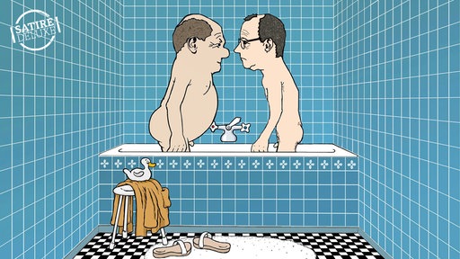 Satirisches Bild im Stile eines Loriot Klassikers mit Olaf Scholz und Friedrich Merz die sich als Cartoon-Figuren nackt in einer Badewanne gegenüberstehen 