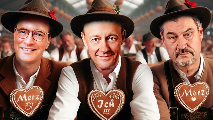 Satirische Bildmontage: Hendrik Wüst, Friedrich Merz und Markus Söder sitzen an einem Tisch im Oktoberfestzelt - alle tragen Lebkuchenherzen mit dem Schriftzug "Merz"