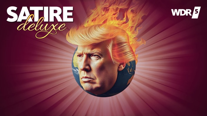 Eine Weltkugel mit dem Gesicht von Donald Trump, dessen Haare in Flammen stehen