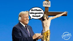 Donald Trump mit Ohrpflaster, im Hintergrund Jesus am Kreuz.