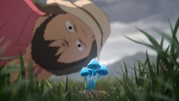 Still aus der animierten Serie "Common Side Effects": Ein Mann blickt neugierig auf einen blauen Pilz.