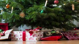 Mehrere Geschenke liegen unter einem Weihnachtsbaum. 