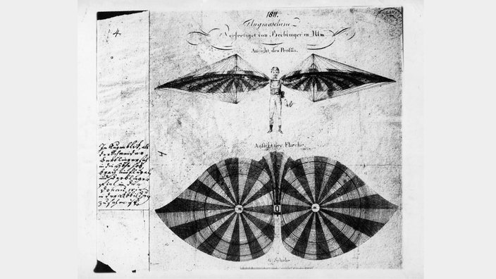 Albrecht Ludwig Berlinger mit seiner Flugmaschine