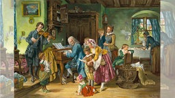 Johann Sebastian Bach im Kreise seiner Familie' (Bach mit seiner Familie bei der Morgenandacht). Lichtdruck, spaetere Kolorierung, nach dem Gemaelde, 1870, von Toby Edward Rosenthal