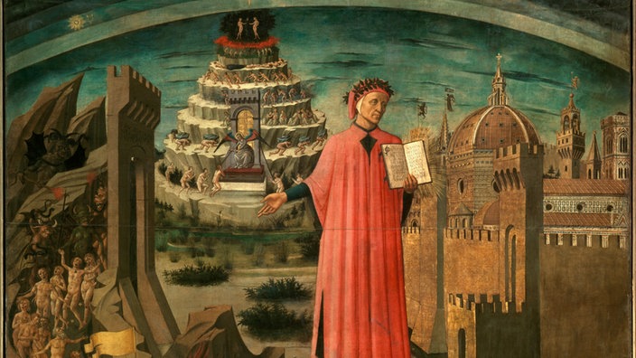 Dante Alighieri erleuchtet mit seinem Buch “Die Göttliche Kommödie” die Stadt Florenz. Links das Inferno, im Hintergrund das Purgatorio, oben das Irdische Paradies; rechts Stadtansicht von Florenz, Gemälde (1465) von Demonico di Michelino