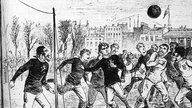 Gezeichnete Spielszene aus einem Fußball-Länderspiel zwischen den Nationalmannschaften Schottlands und Englands