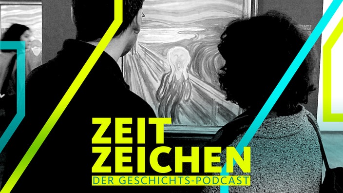 Das Gemälde "Der Schrei" von Edvard Munch mit zwei Betrachter in einer Ausstellung der Wiener Albertina (2016)