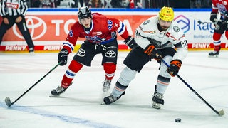 Kevin Niedenz von den Kölner Haien (l) im Zweikampf mit dem Frankfurter Erik Brown