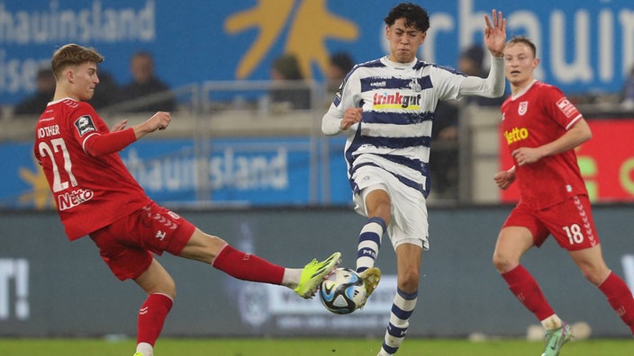 Dominik Kother (Jahn Regensburg) und Santiago Castaneda (MSV Duisburg) im Kampf um den Ball