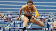 Marlene Meier (Leverkusen) beim Halbfinal-Hürdenlauf über 60 Meter bei der Leichtathletik-EM in Apeldoorn.