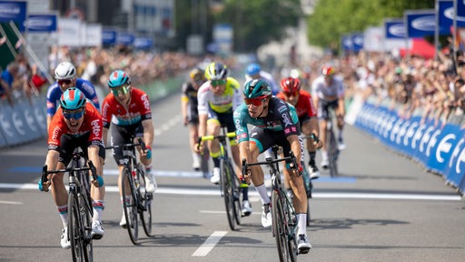 Bei "Rund um Köln" sprintet Danny van Poppel (6.v.l.) von Bora-hansgrohe als Erster ins Ziel