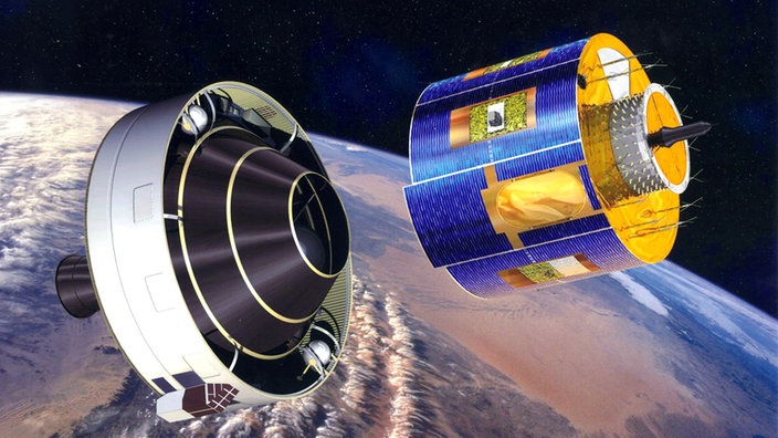 Modell des Wettersatelliten MSG-1 im Orbit mit abgesprengter Raketenstufe, Erde im Hintergrund