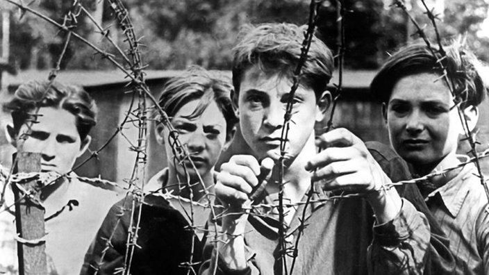 Junge Exodus-Flüchtlinge hinter Stacheldraht im Lager Pöppendorf bei Lübeck am 10.09.1947