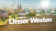 Hinter dem Schrifzug der Sendung "Unser Westen" sind eine Reihe von Sehenswürdigkeiten in einem Diorama angeordnet. U.a. Der Kölner Dom,  das Hermannsdenkmal und das Siegener Krönchen