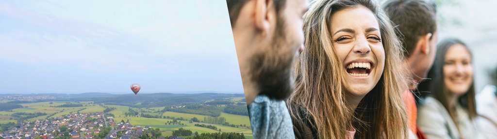 linkes Bild: Siedlungslandschaft mit Wald, darüber fährt ein Heißluftballon; rechtes Bild: lachende Frau in einer Menschengruppe