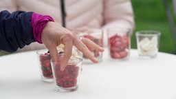 Das Bild zeigt eine Person, die aus einem Glas eine getrocknete Himbeere nimmt.