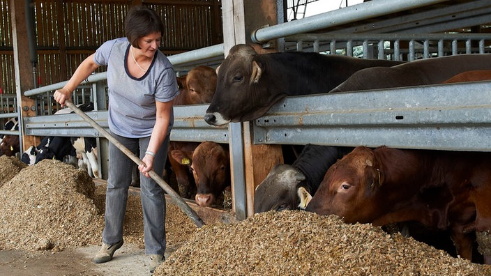 Sabine Goertz bei der Stallarbeit.