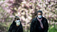 Das Bild zeigt zwei Menschen im Park mit Masken.