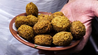 Ein Mensch hält mehrere Falafel auf einem kleinen Teller in die Kamera.