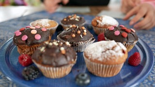 Muffins mit Schokoglasur oder Puderzucker auf einem blauen Teller angerichtet.